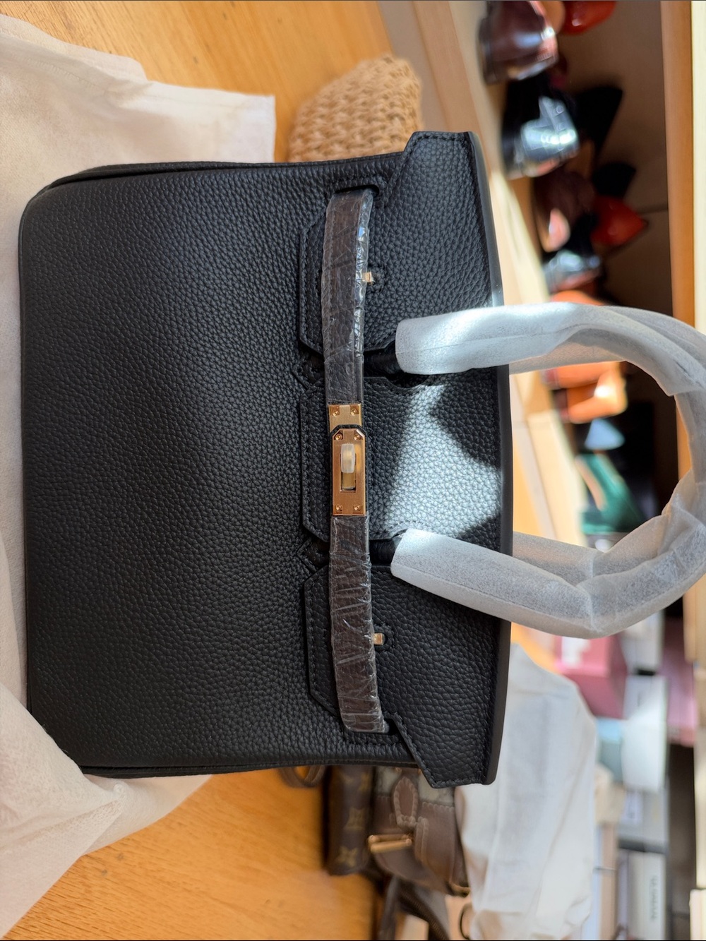 Black Leather Top-Handle Bag with Gold Hardware